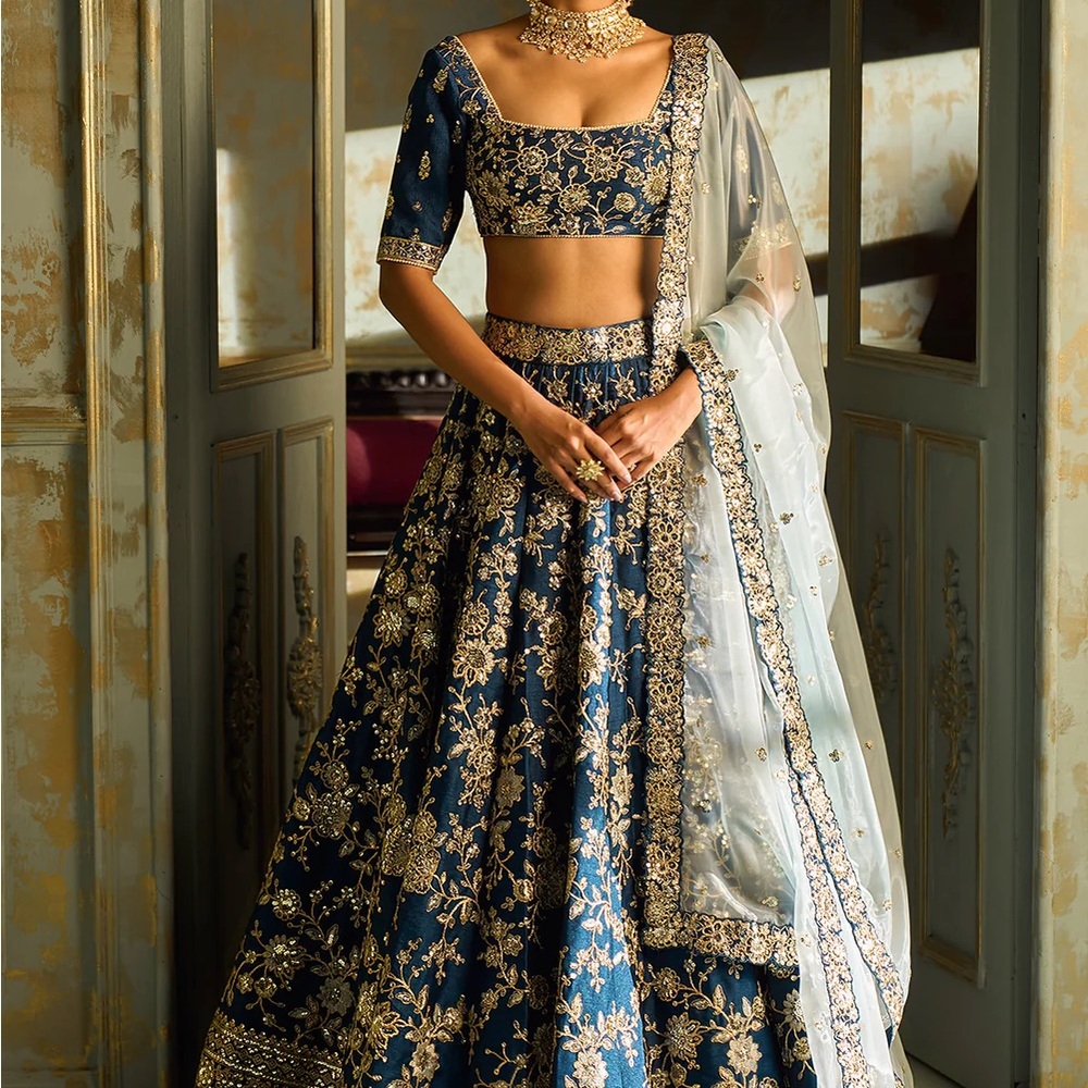 Elegant Dark Blue and Silver Embroidered Lehenga